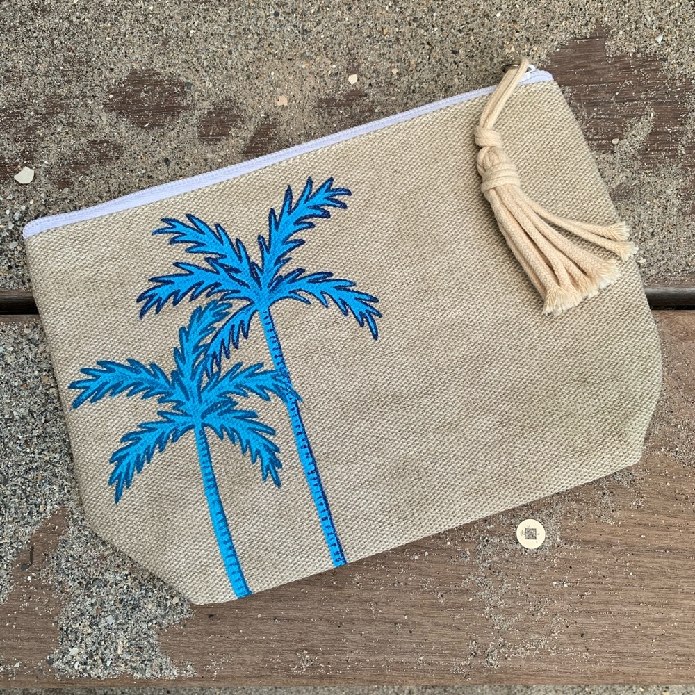 Blue Palm Tree Bag 🌴 Handpainted Zip Pouch Summer Beach Bag Makeup Case